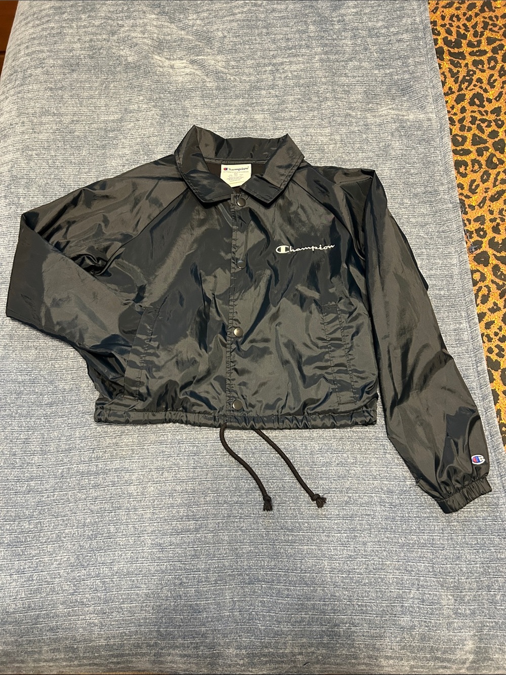 Champion Black Coach Jacket with White Script Logo